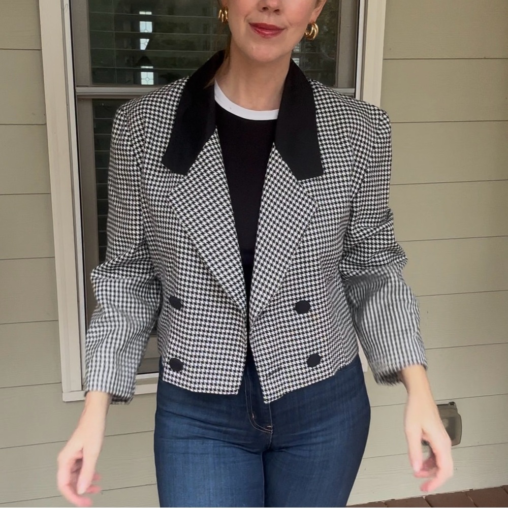 Vintage 1990s Houndstooth Crop Blazer Jacket, Gossip Girl Academia, size S/M
